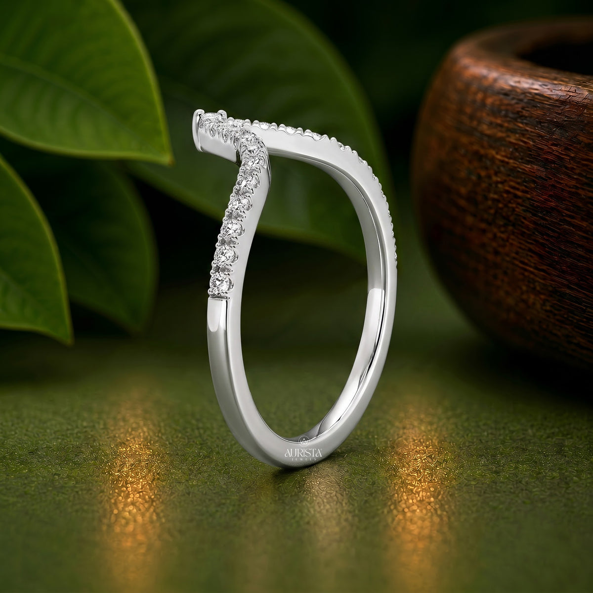 Round Moissanite Diamond V-Shape Nesting Ring Chevron Wedding Band,Fine Jewelry