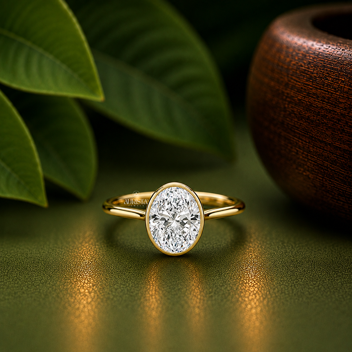 Oval Shape Lab Grown Diamond Ring, Bezel Set Solitaire Minimalist Yellow  Band