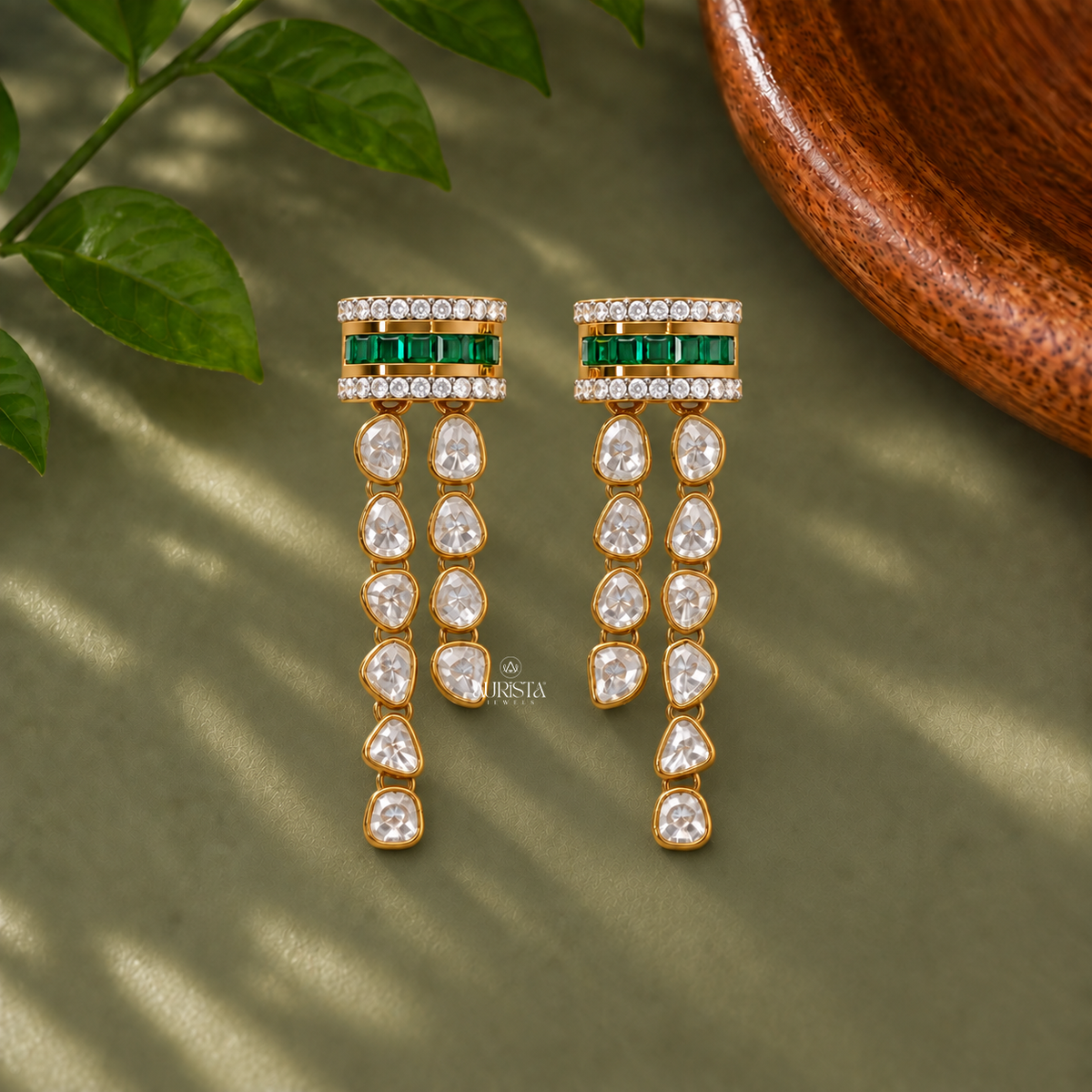 Traditional Polki & Green Emerald Dangle Earrings Lab Grown in Diamond Festive