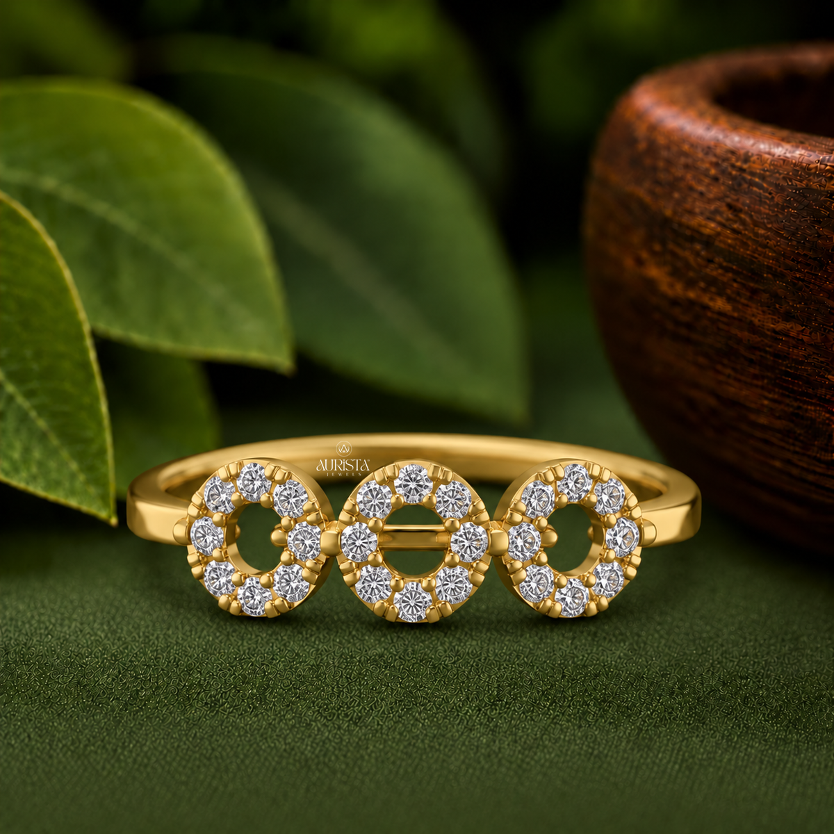 Triple Circle Halo Cluster Ring Lab Grown in Diamond Fine Gold Jewelry