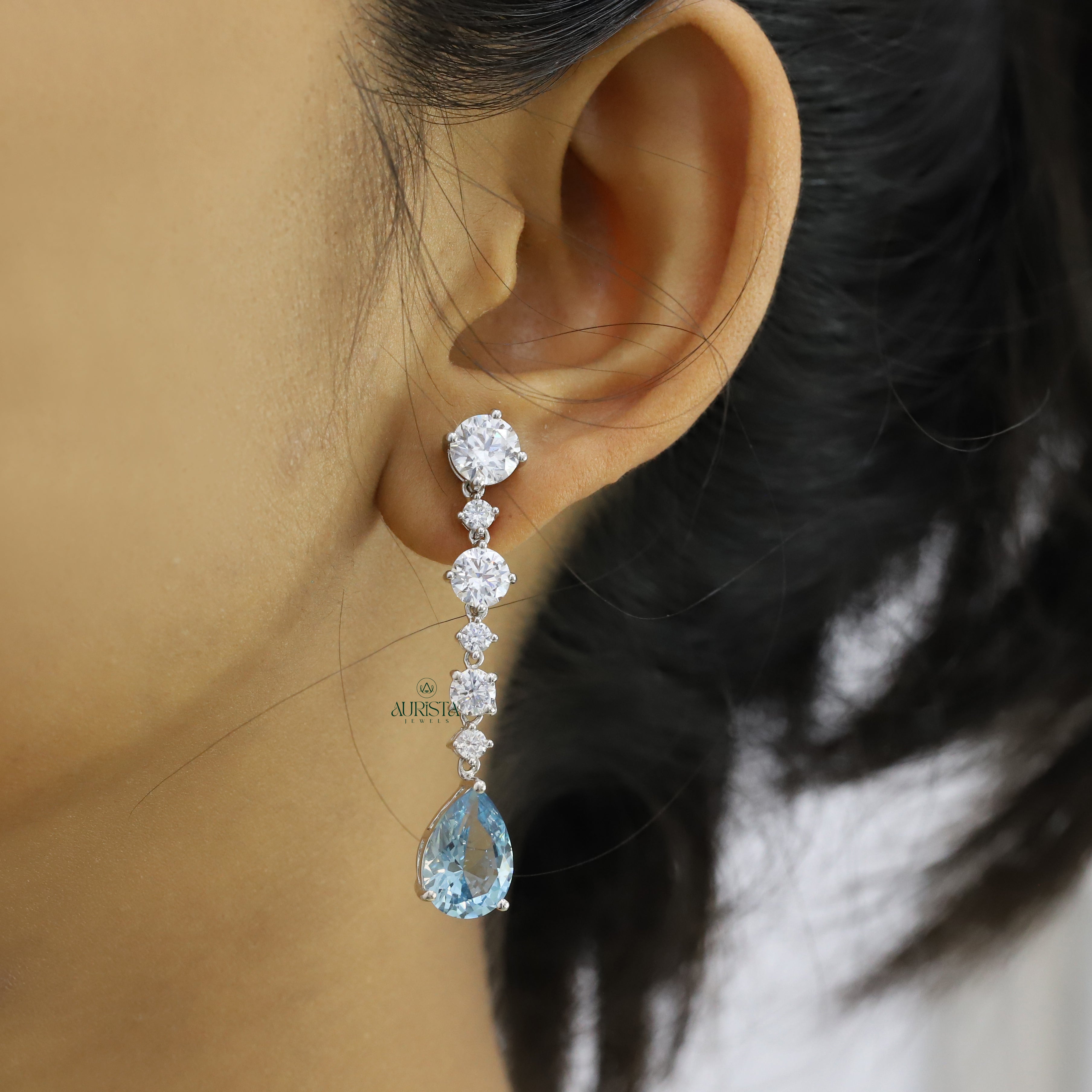 Blue Pear Drop Earrings Dainty Round Moissanite  Cluster Dangle Bridal Jewelry