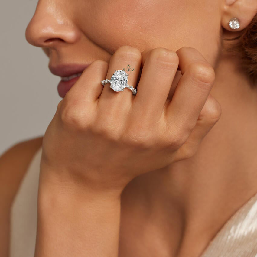 2 CT Oval Lab Grown Diamond Engagement Ring - Delicate Side Stone Platinum Band