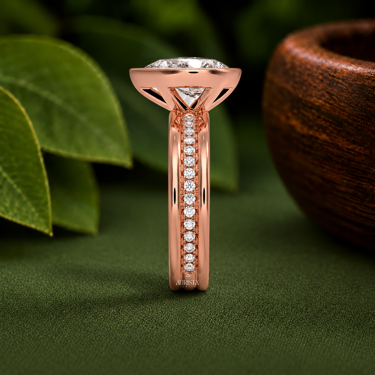 Pear Lab Grown Diamond Ring, Bezel Set Rose Gold With Pave Round Side Stones