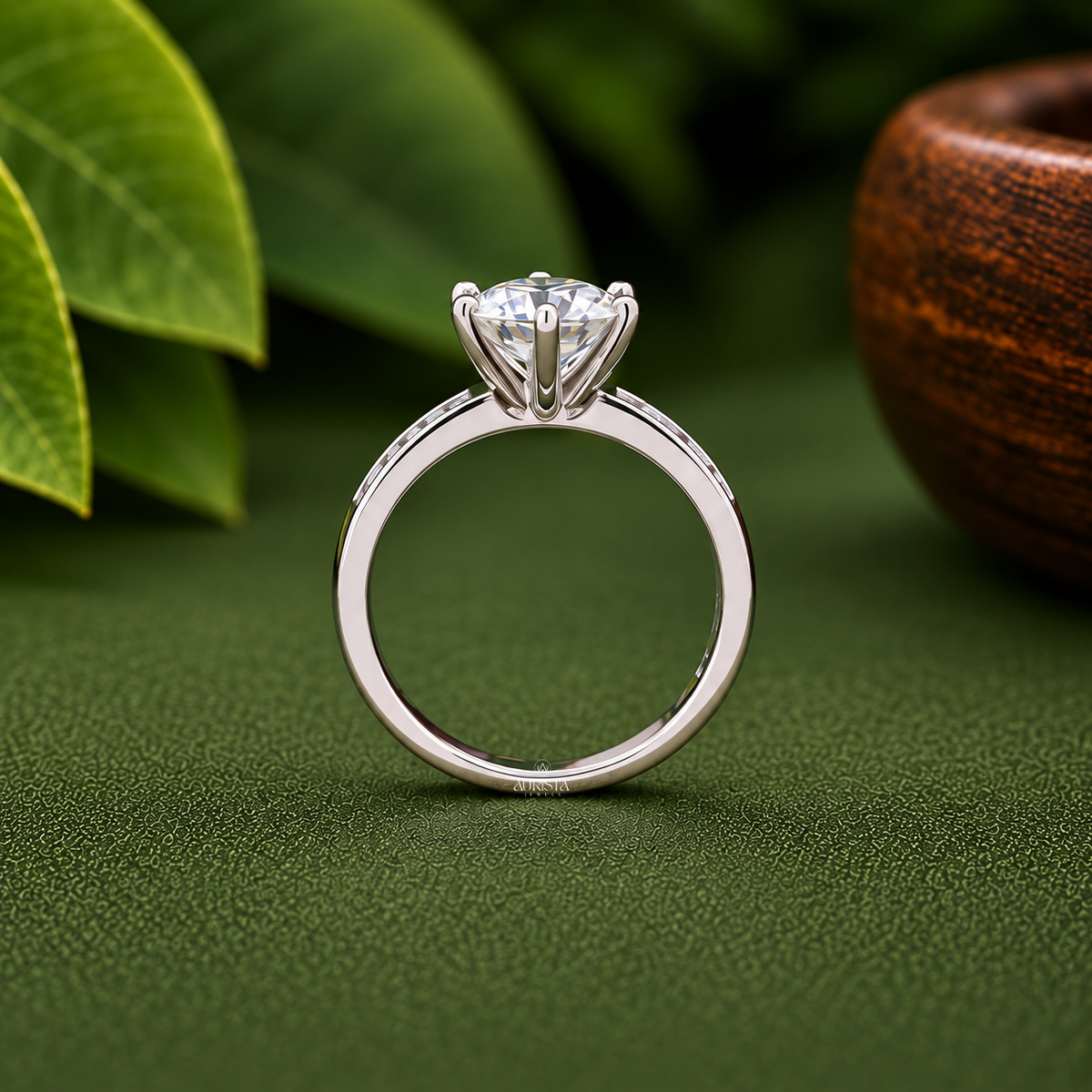 Round Cut Lab Grown Diamond Engagement Ring, 6 Prong Solitaire Ring With Side Stones
