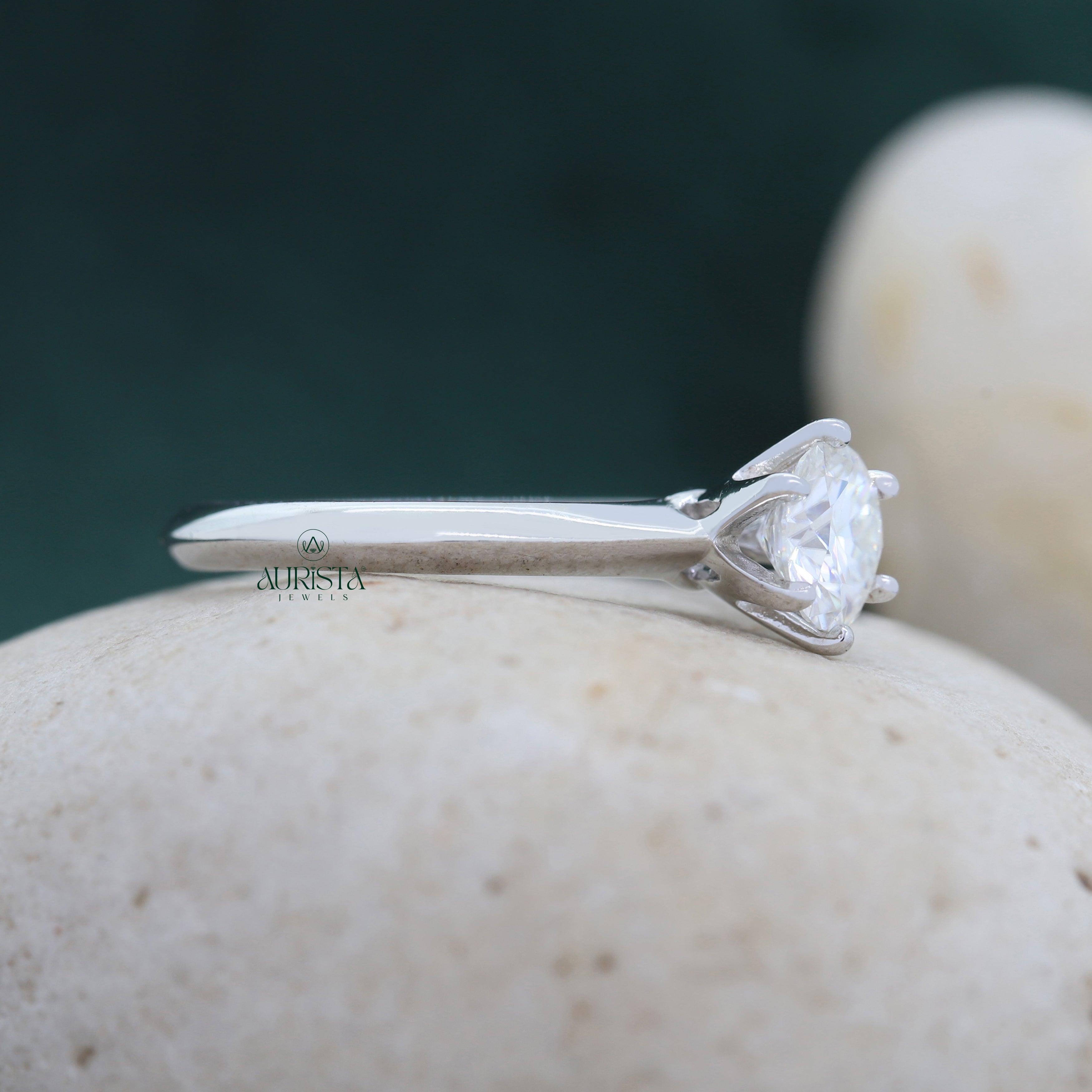 Round Cut Lab Grown Diamond Engagement Ring, White Gold Side Stone Anniversary Gift