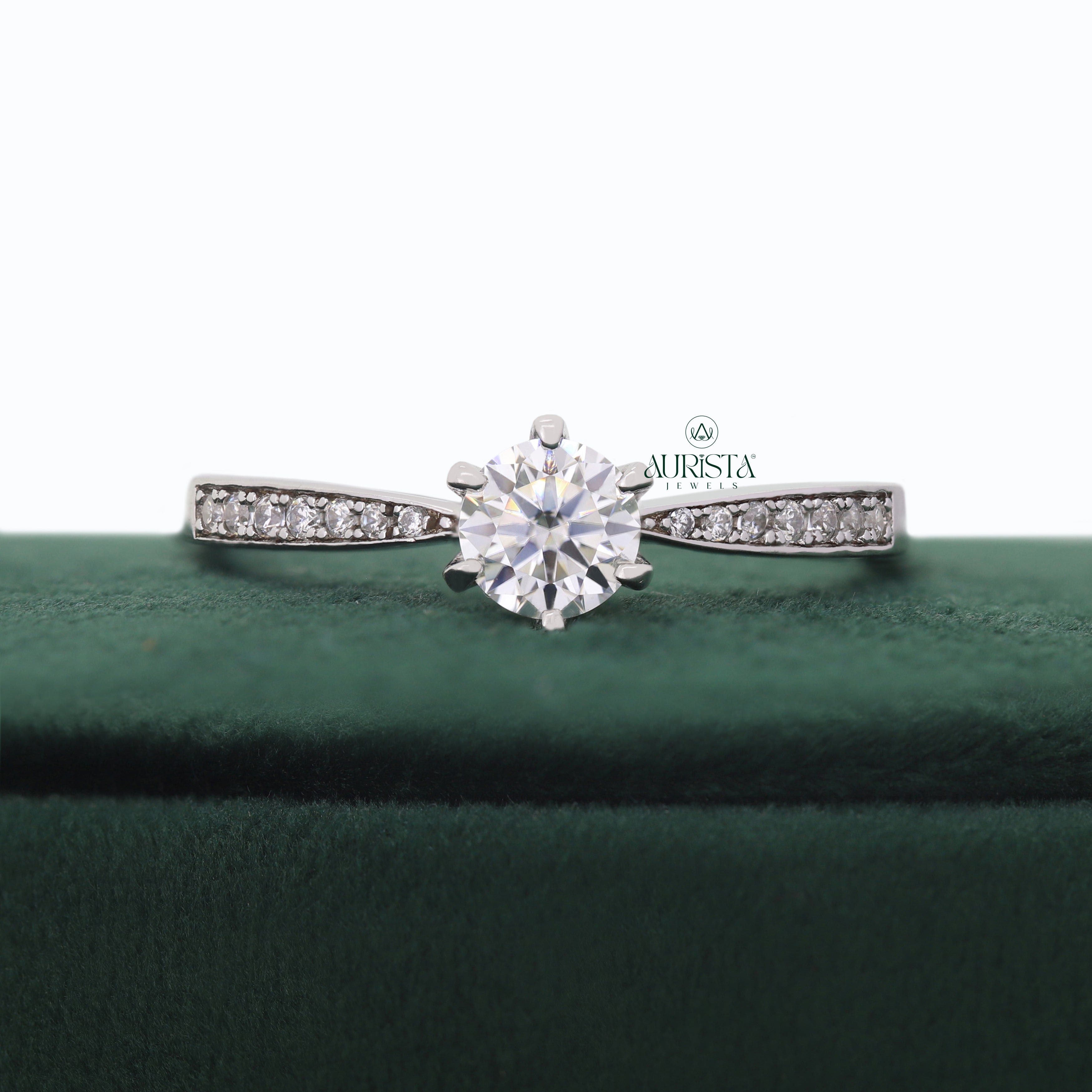 Round Cut Lab Grown Diamond ,  Side Stone,White Gold, Engagement Ring