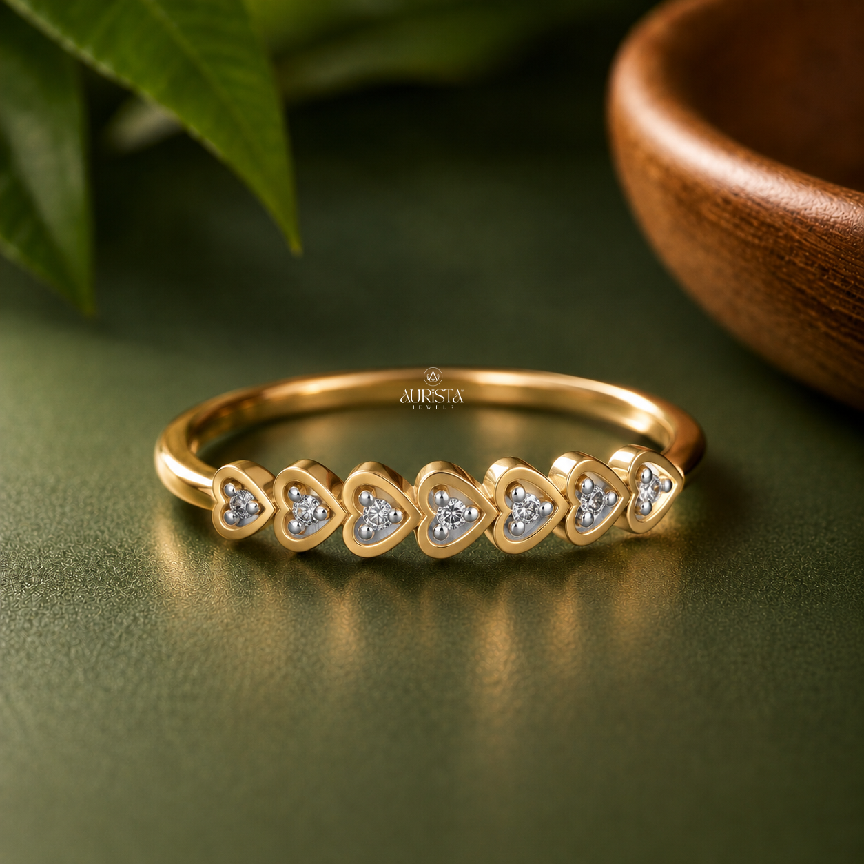 Lab Grown Diamond Gold Heart Band Ring Continuous Hearts Stacking Ring Romantic