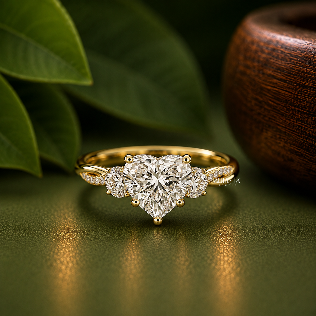 Heart Shape Moissanite Three Stone Ring, Twisted Pavé Engagement Wedding Band