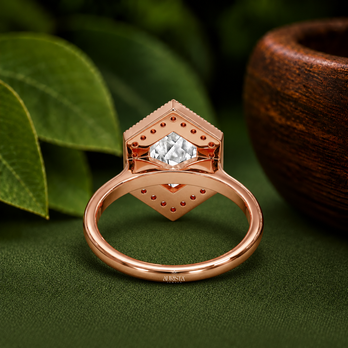 Hexagon Lab Grown Diamond Ring, Rose Gold Halo Engagement Ring With Vintage Detail