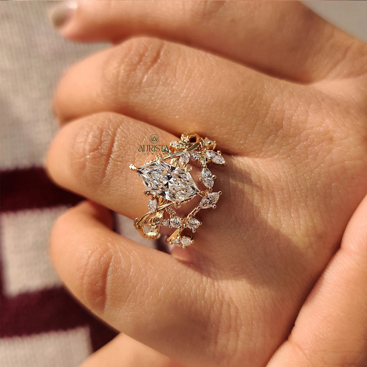 Marquise Cut Diamond Nature-Inspired Leaf and Branch Bridal Ring Set