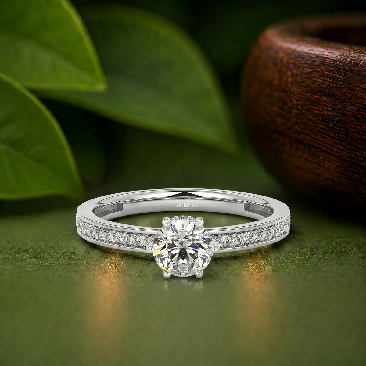 Round Moissanite Diamond Ring, Solitaire Engagement Ring With Pave Band In White Gold