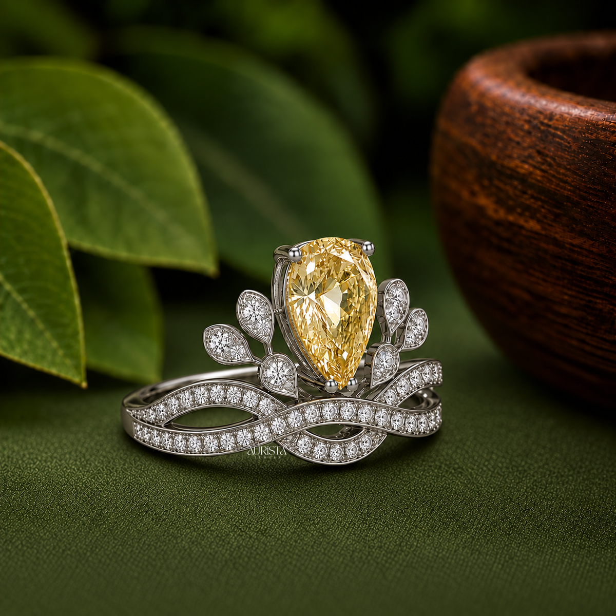 Lab Grown in Diamond Yellow Pear Crown Ring Statement Floral Ring Jewelry