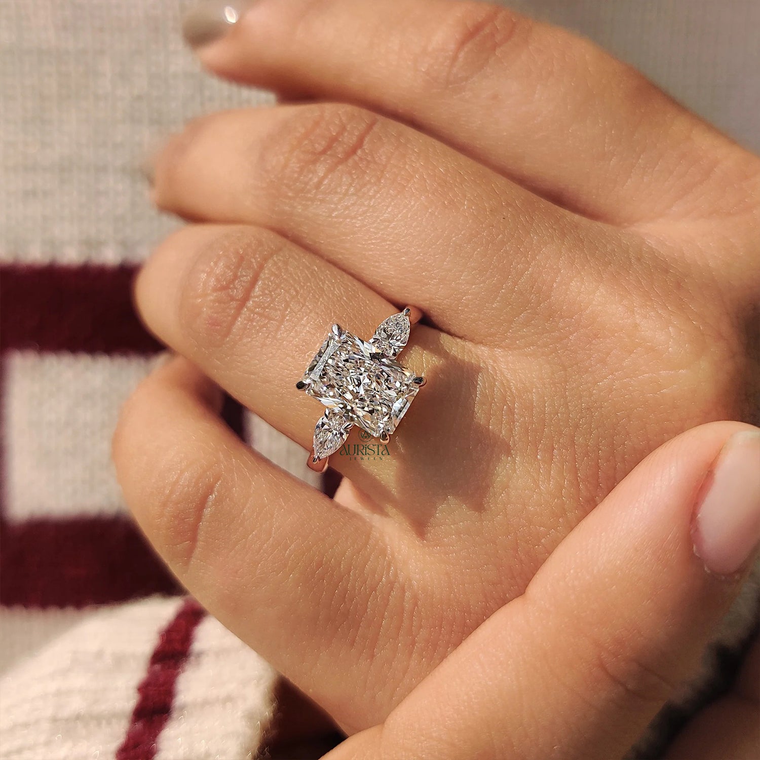 Aurelia Radiant Cut Three Stone Ring with Pear Side Stone Elegance