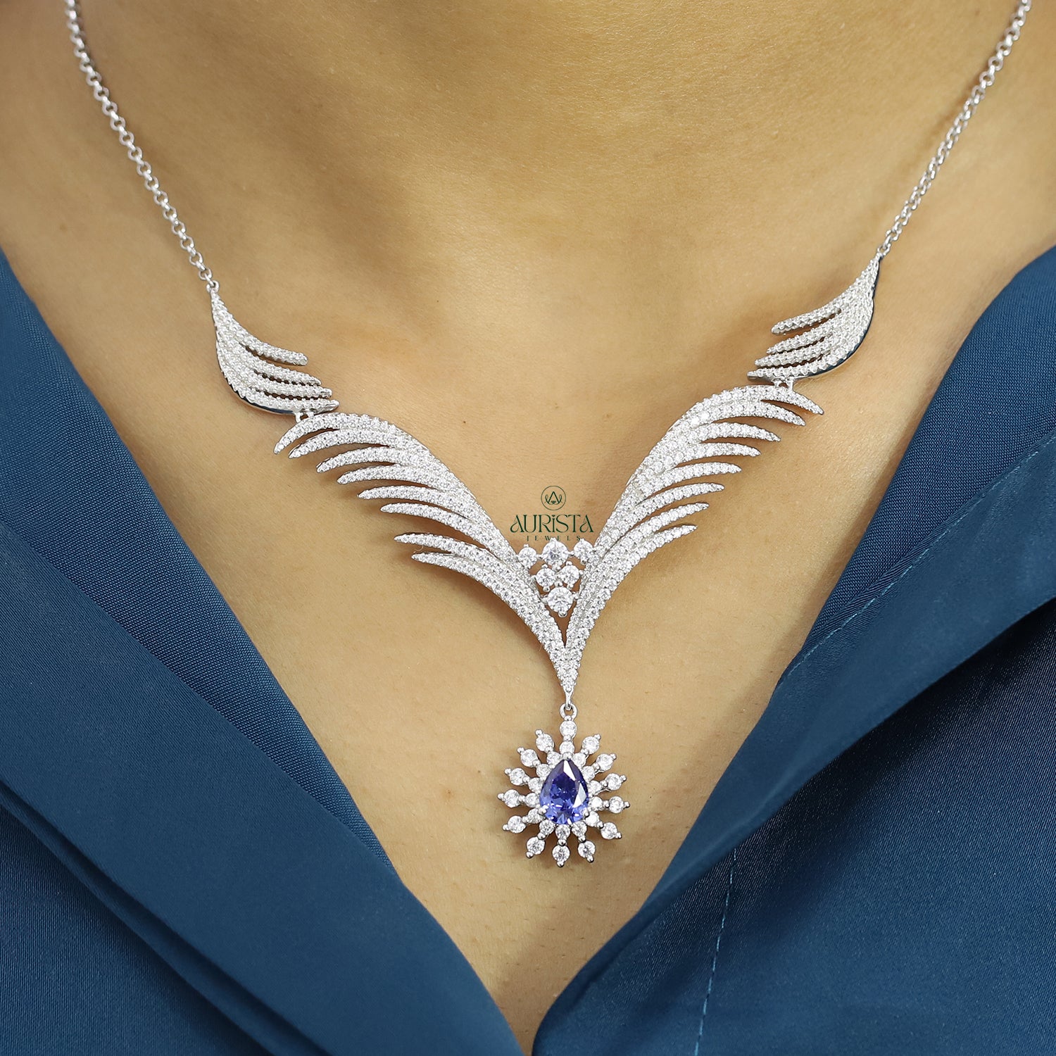 Unique Blue Pear Stone Necklace Wing Style Moissanite Statement Fine Jewelry