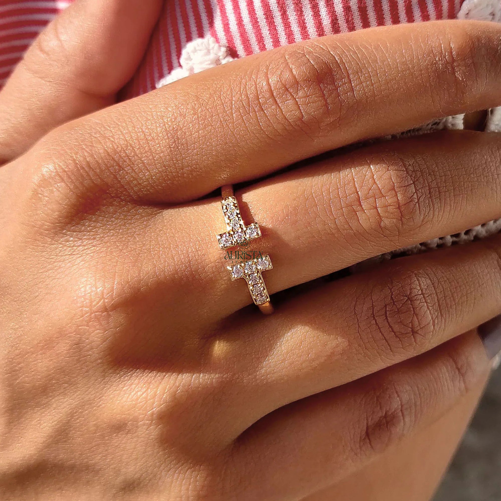 Modern Double T Sparkling Diamond Ring