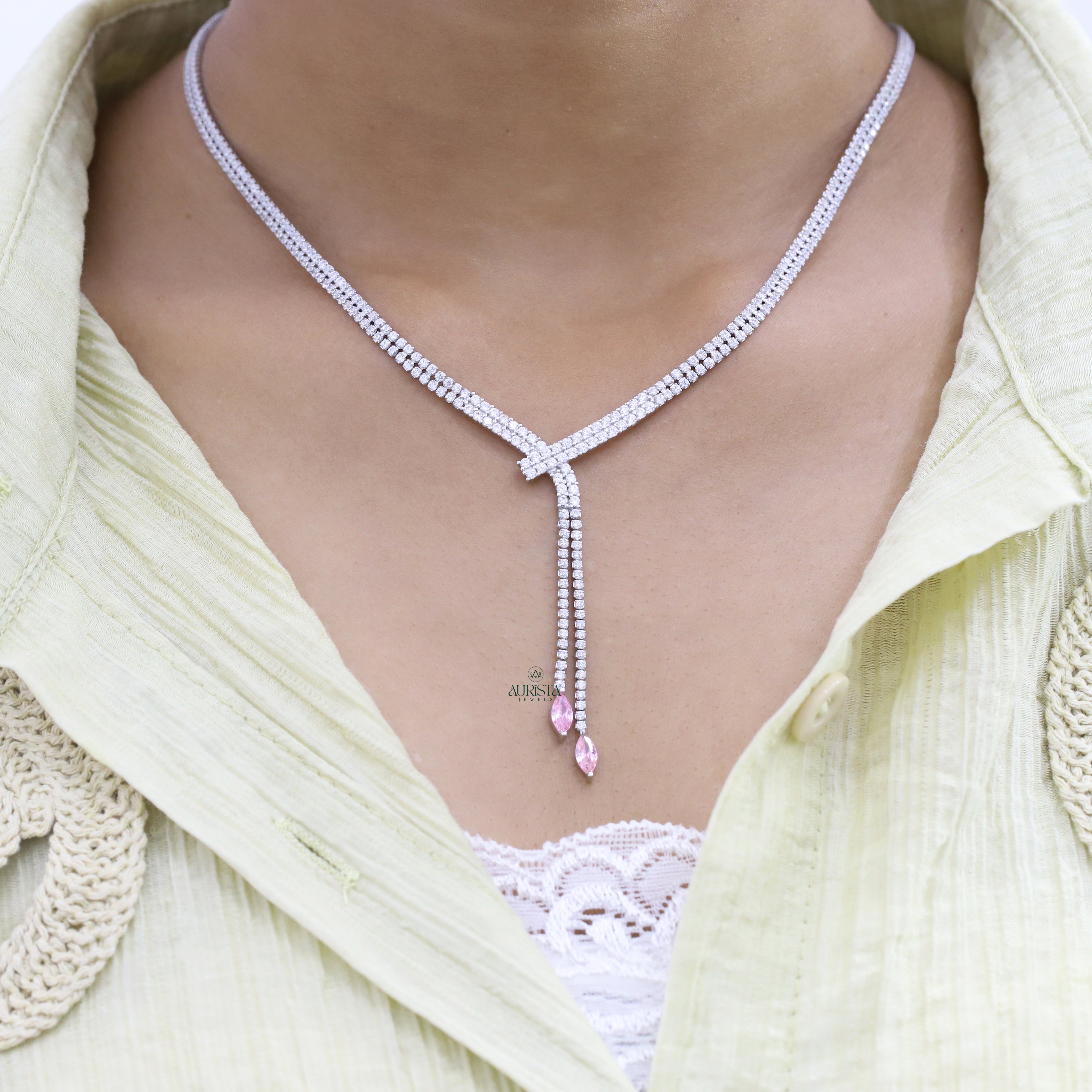 Elegant Moissanite Necklace and Earring Set with Round and Pink Marquise Accents