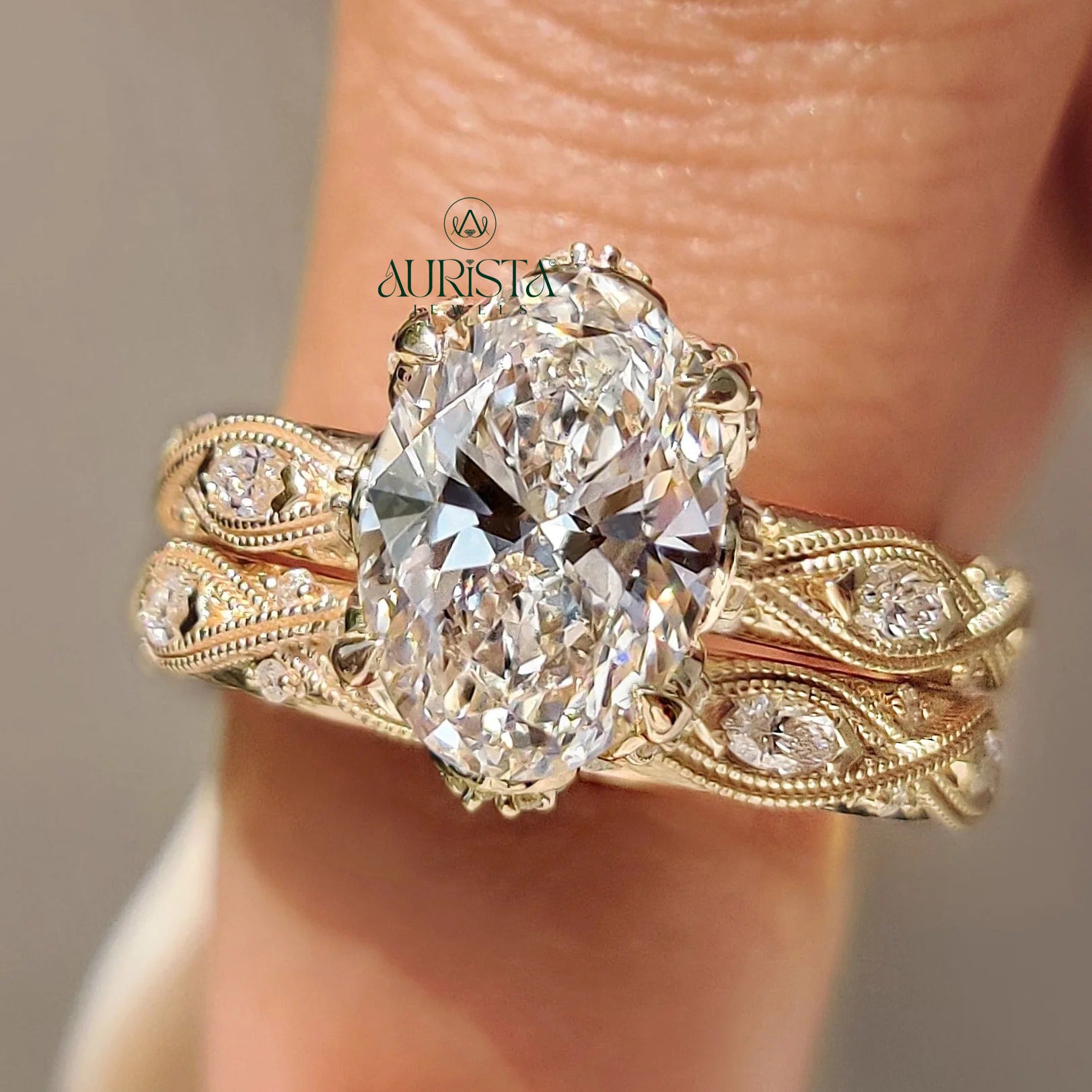 Vintage Oval Diamond Bridal Set - Antique Milgrain Marquise Band Ring