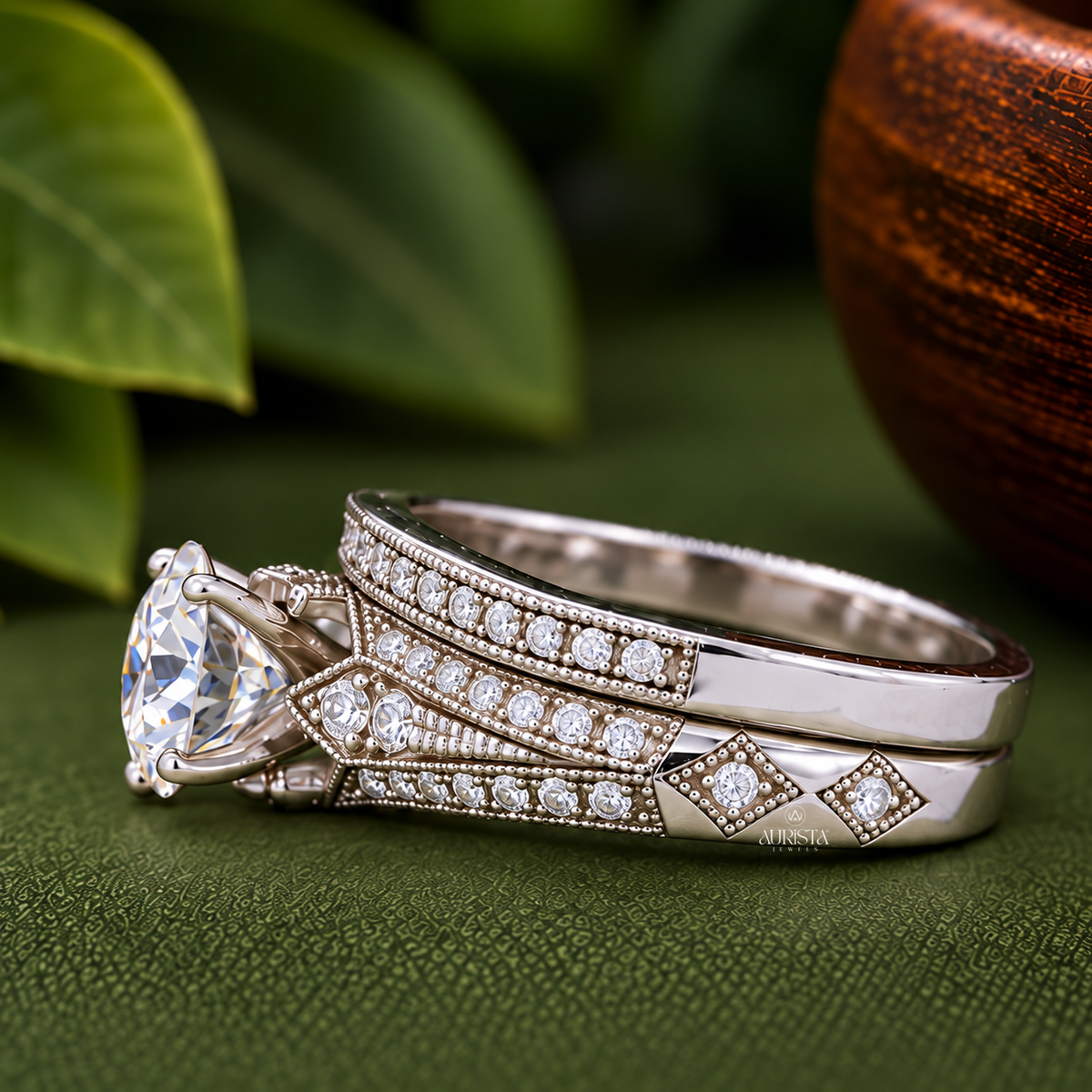 Round Cut Lab Grown Diamond Bridal Set, Vintage Style Engagement Ring & Wedding Band