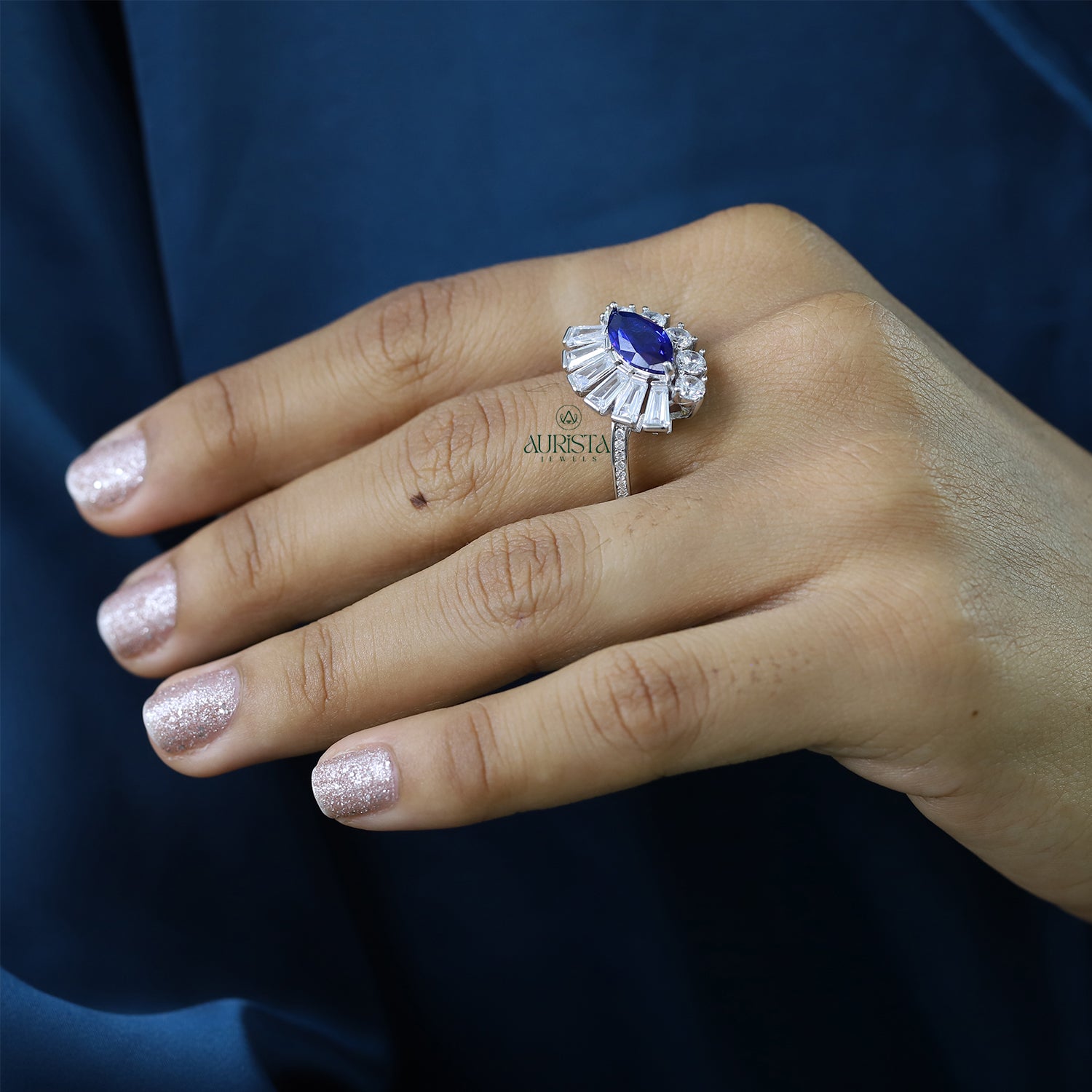Marquise Blue Sapphire Ring Baguette and Round Moissanite Sunburst Statement Ring