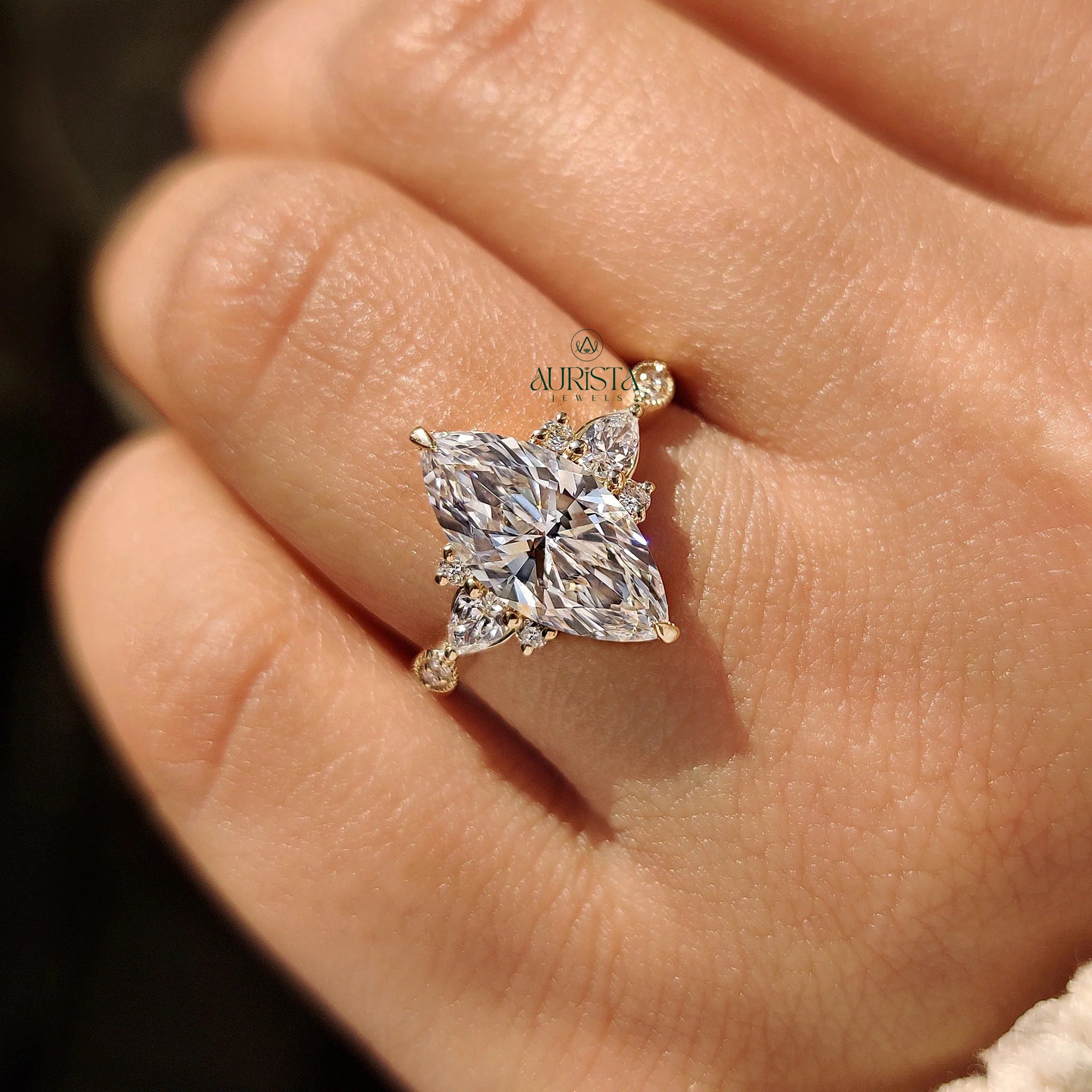 Marquise Cut Diamond Ring with Unique Side Stone Cluster Band