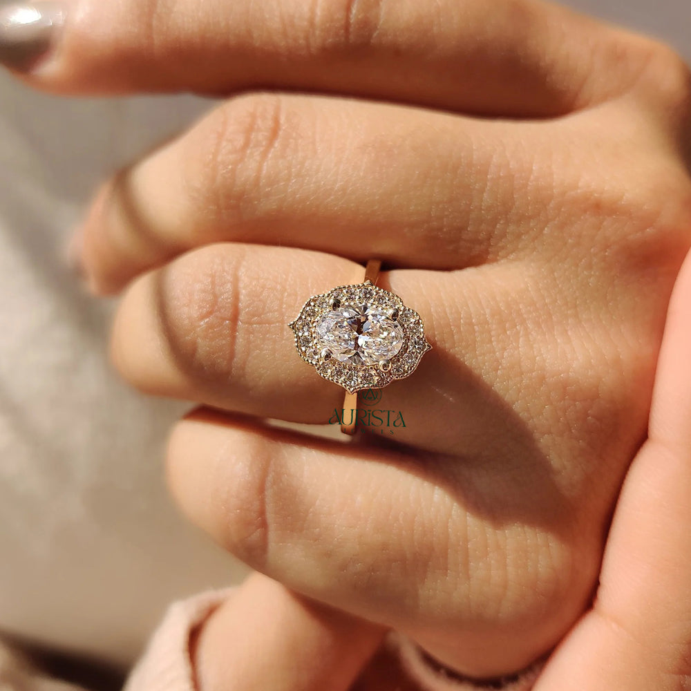 Oval Cut Diamond Vintage Scalloped Halo Ring