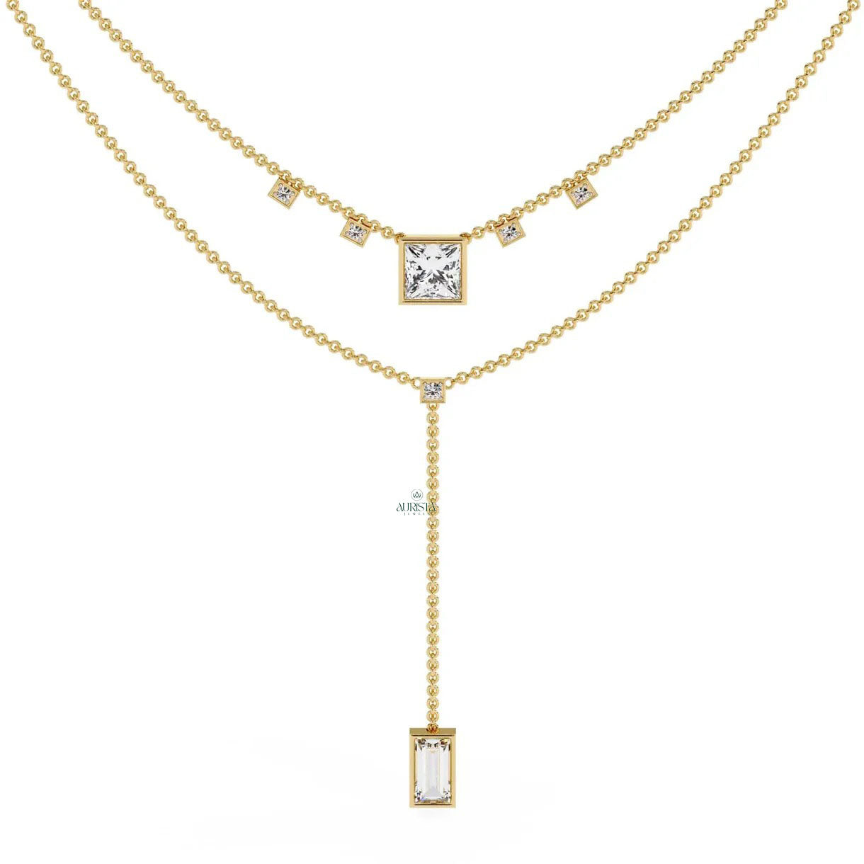 Princess and Baguette Lab Grown Diamond Lariat Necklace Layered Minimalist Chain