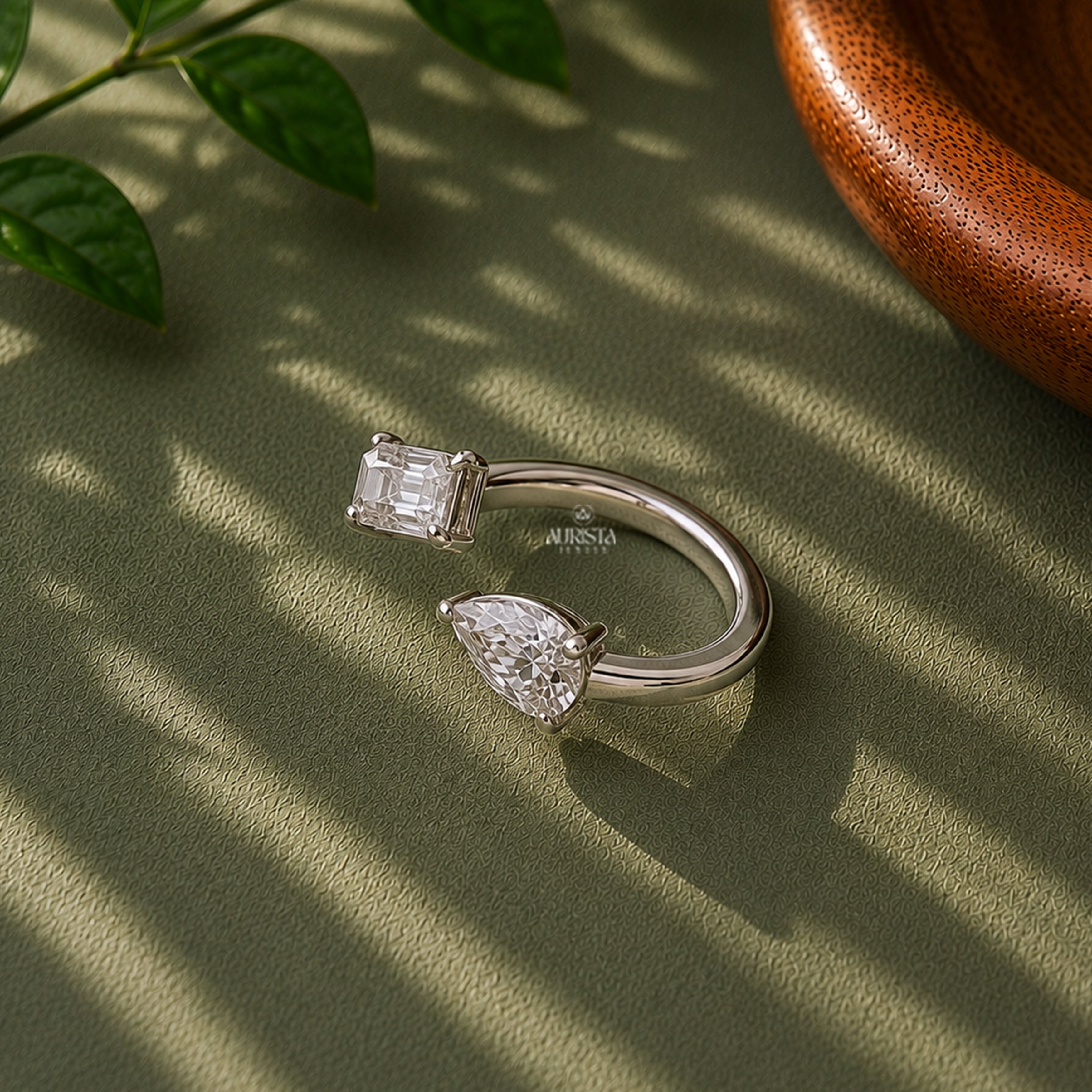 Modern Two-Stone Bypass Ring Pear Emerald Moissanite Adjustable Statement Band