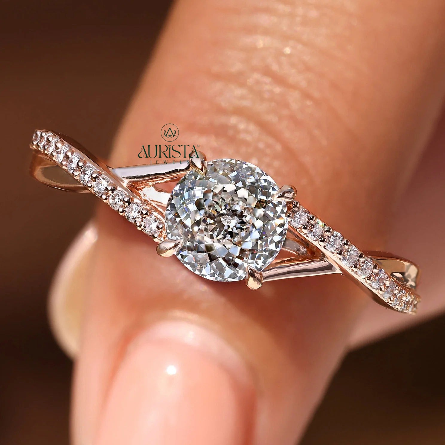 Round Brilliant Cut Ring with Side Stones and Hidden Halo