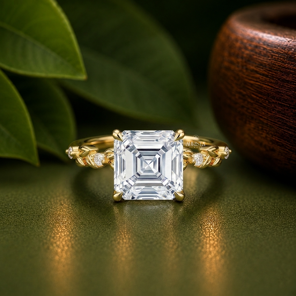 Asscher Shape Lab Grown Diamond Ring, Hidden Halo Nature Leaf Band With Side Stones