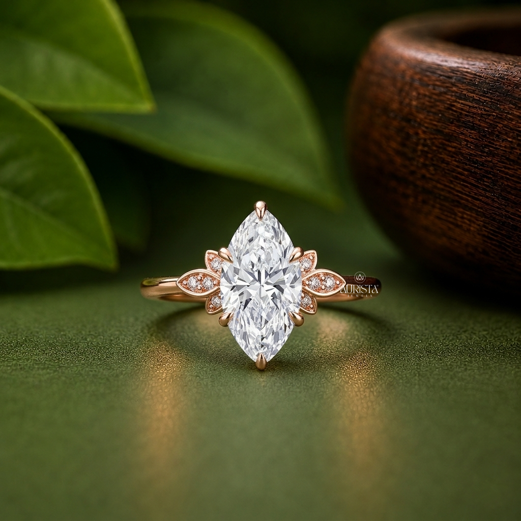Marquise Lab Grown Diamond Ring, Nature Inspired Floral Vine Band Jewelry