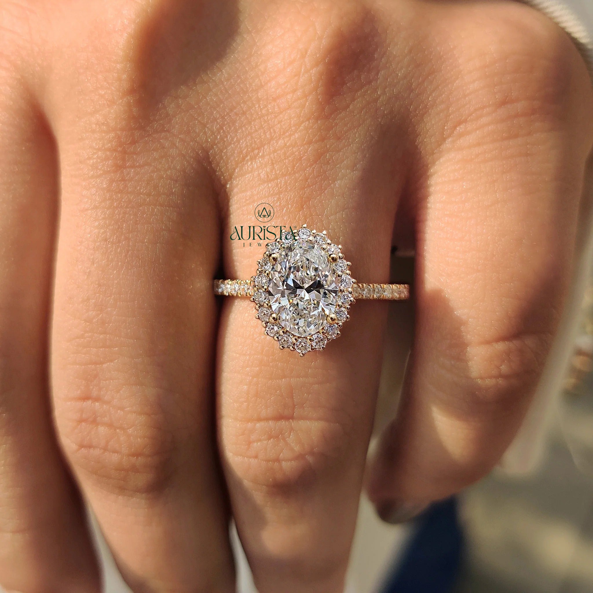 Oval Sunburst Floral Halo and Pave Band Ring