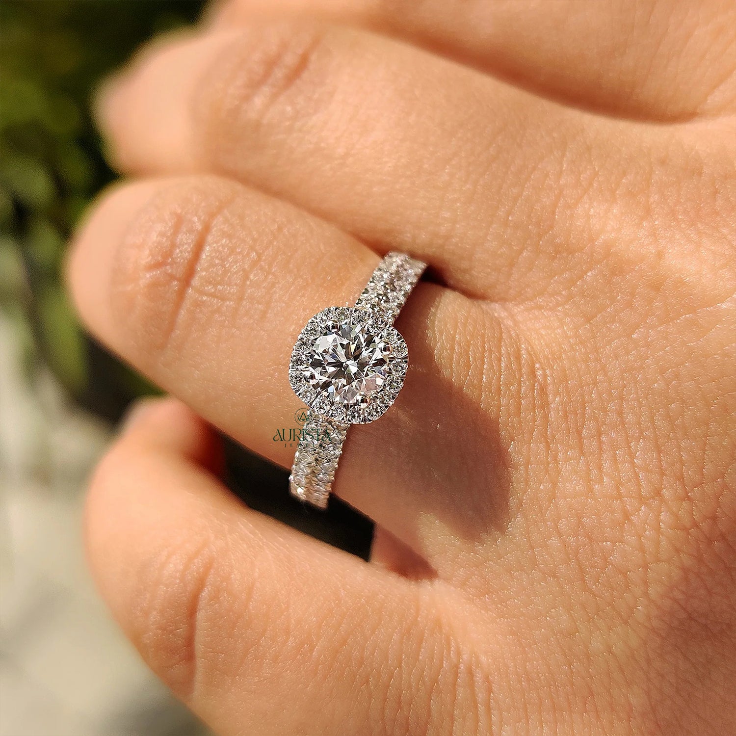 Floating Round Halo Diamond Ring with Double Row Pave
