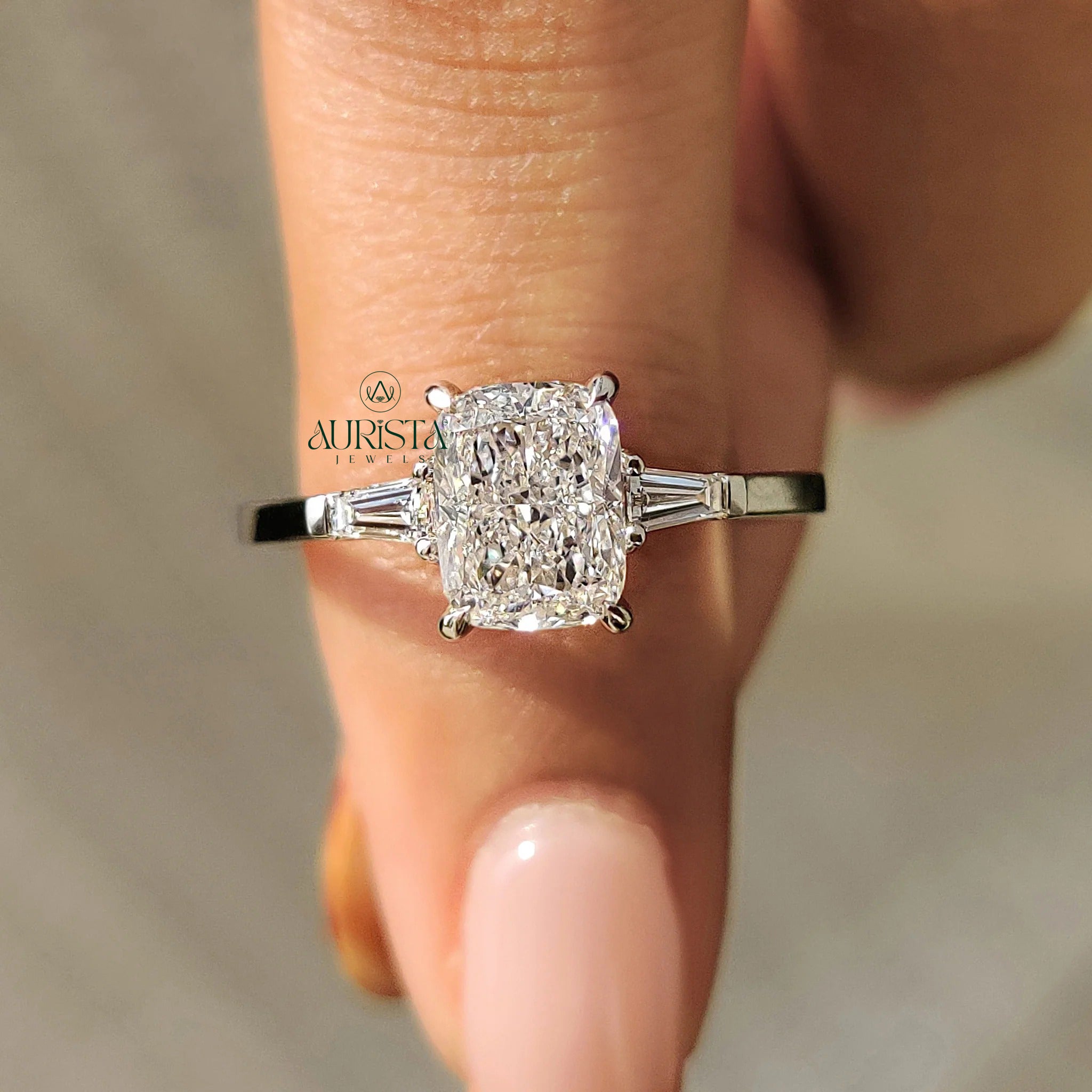 Premium Cushion Cut Diamond Ring with Tapered Side Stones