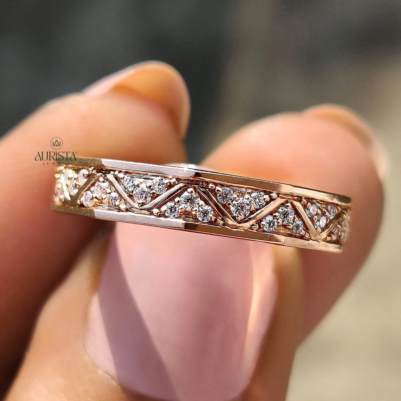 Moissanite Diamond Engraved Rose Gold Band Minimalist Geometric Wedding Ring