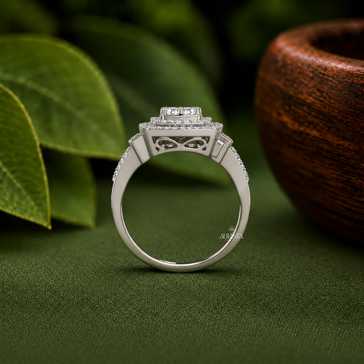 Round Moissanite Diamond Double Halo Cluster Engagement Ring White Gold Bridal