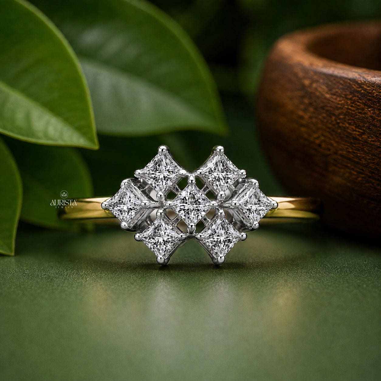 Princess Cut Lab Grown Diamond Cluster Ring, Unique Geometric Statement Wedding Band