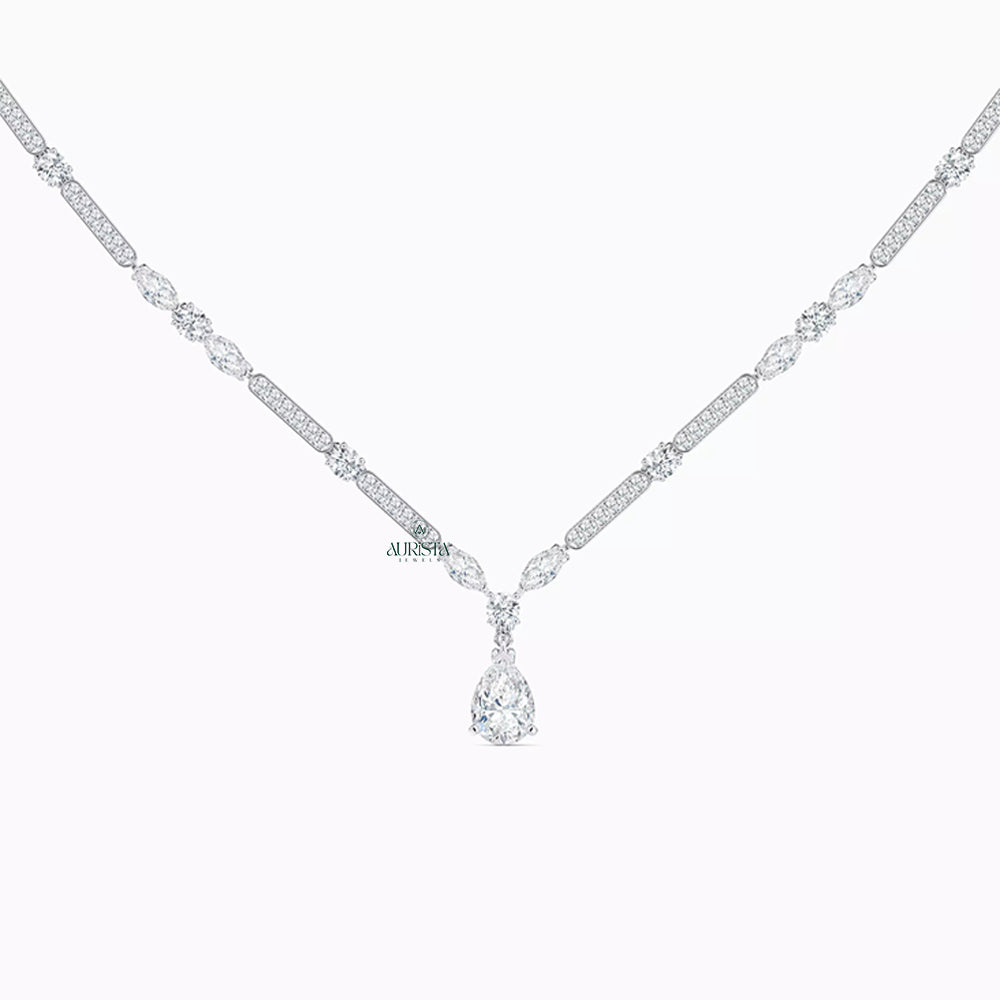Silver Pear Drop Lab Grown Diamond Necklace Statement Bridal Fine Jewelry Luxury Gift