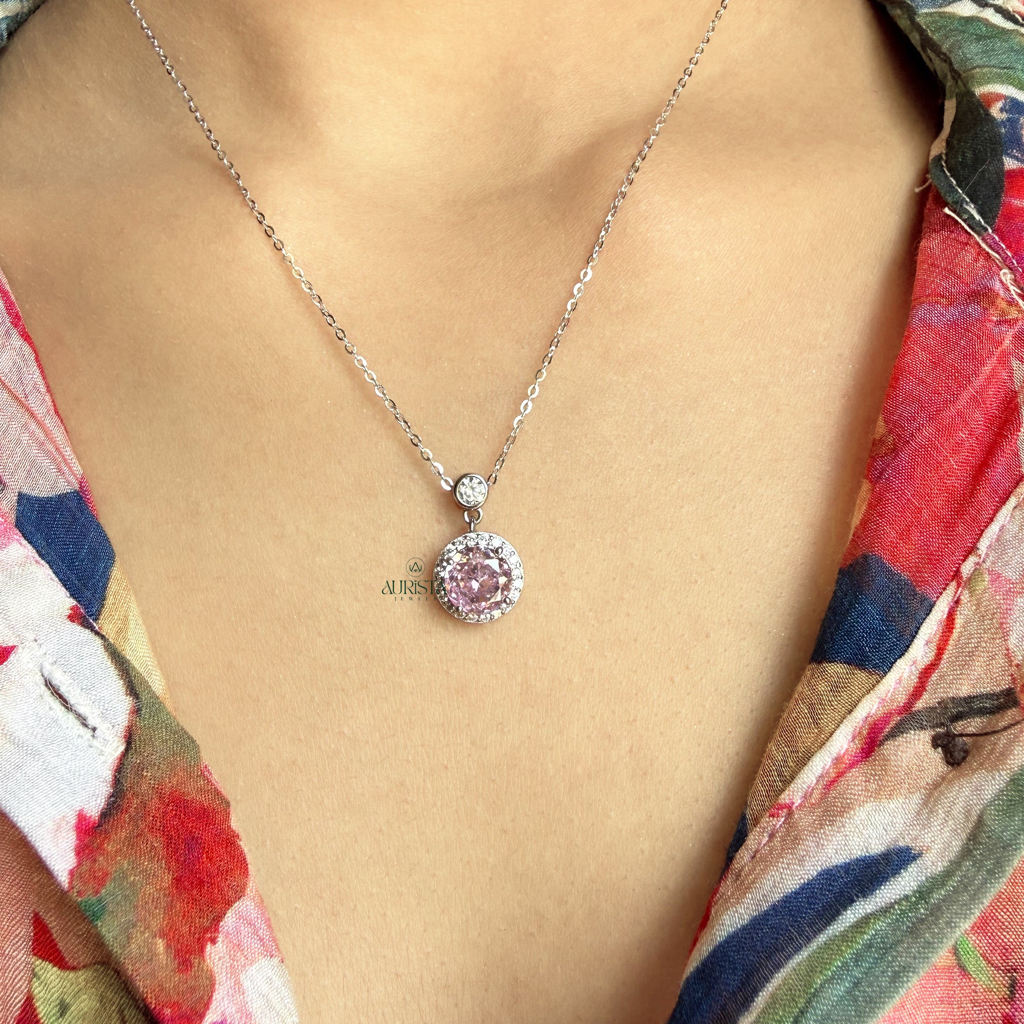Pink Moissanite Solitaire with Diamond Halo