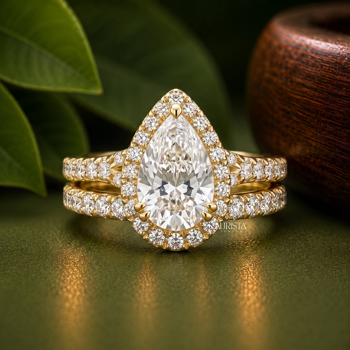 Pear Shape Moissanite Diamond Ring Set, Halo Split Shank Pave Side Stones Bridal Jewelry