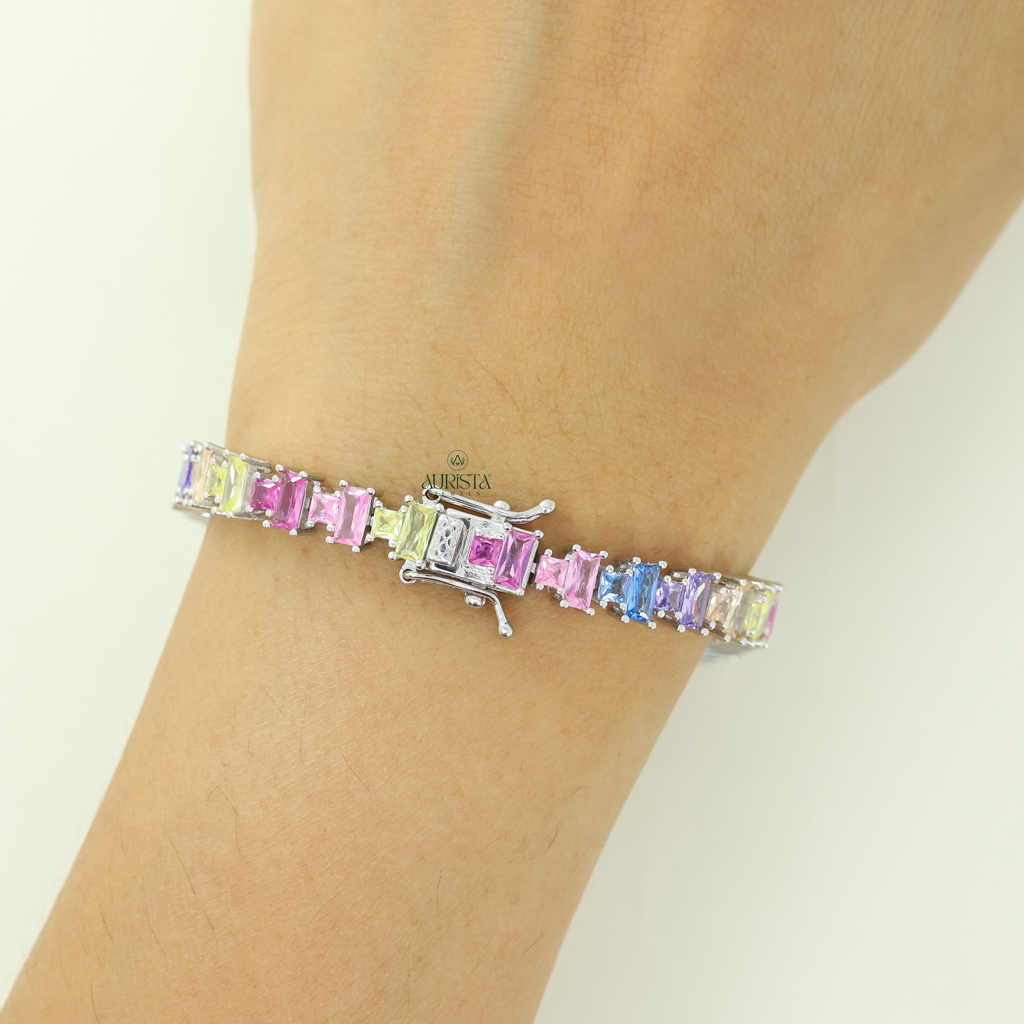 Rainbow Moissanite Tennis Bracelet, Colorful Baguette Cut Line Bracelet