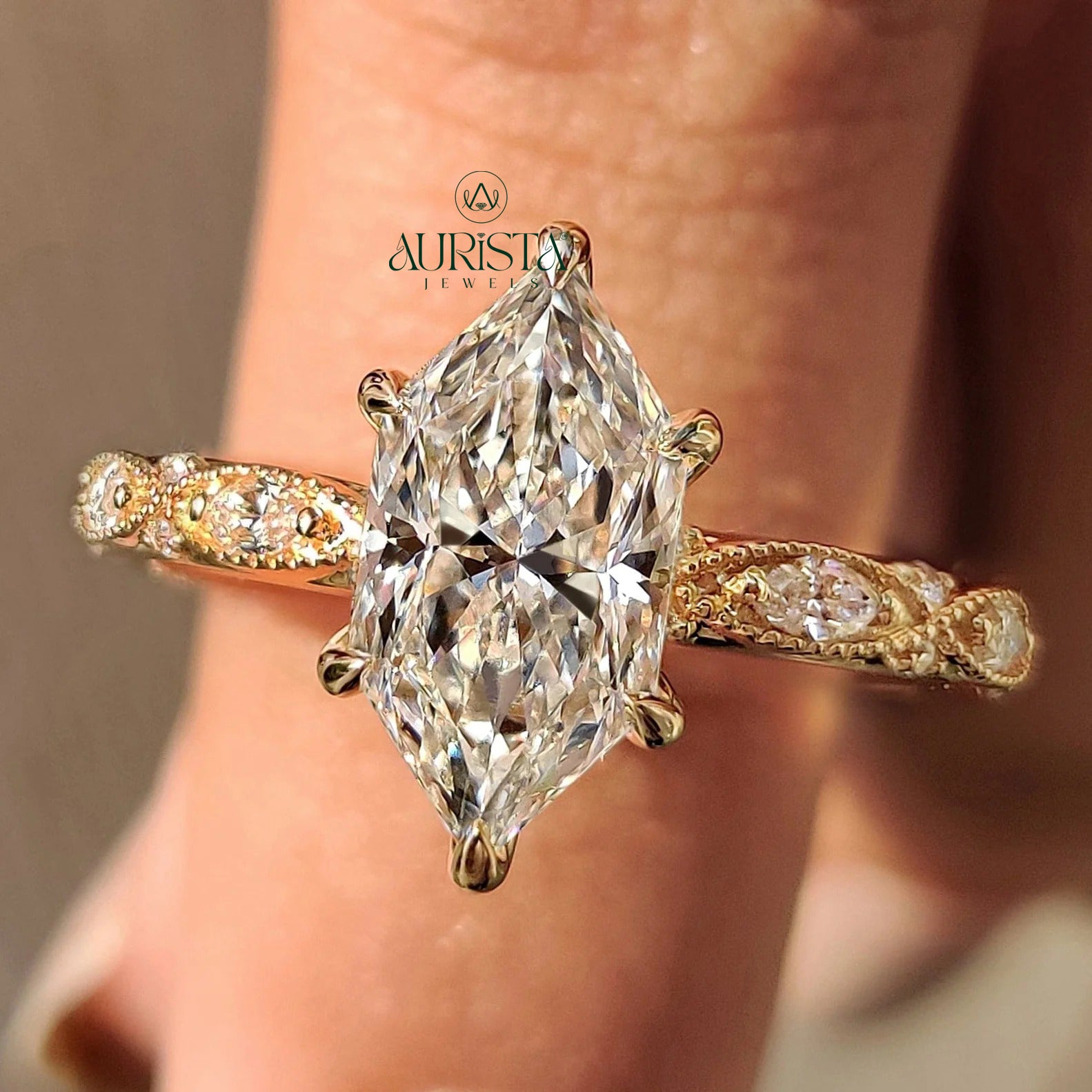 Marquise Cut Diamond Ring with Vintage Twisted Accent Band