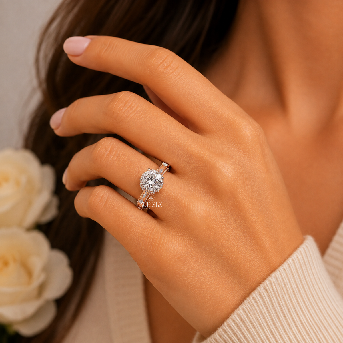 Round Moissanite Diamond Ring, Rose Gold Engagement Ring With Hidden Halo Side Stones