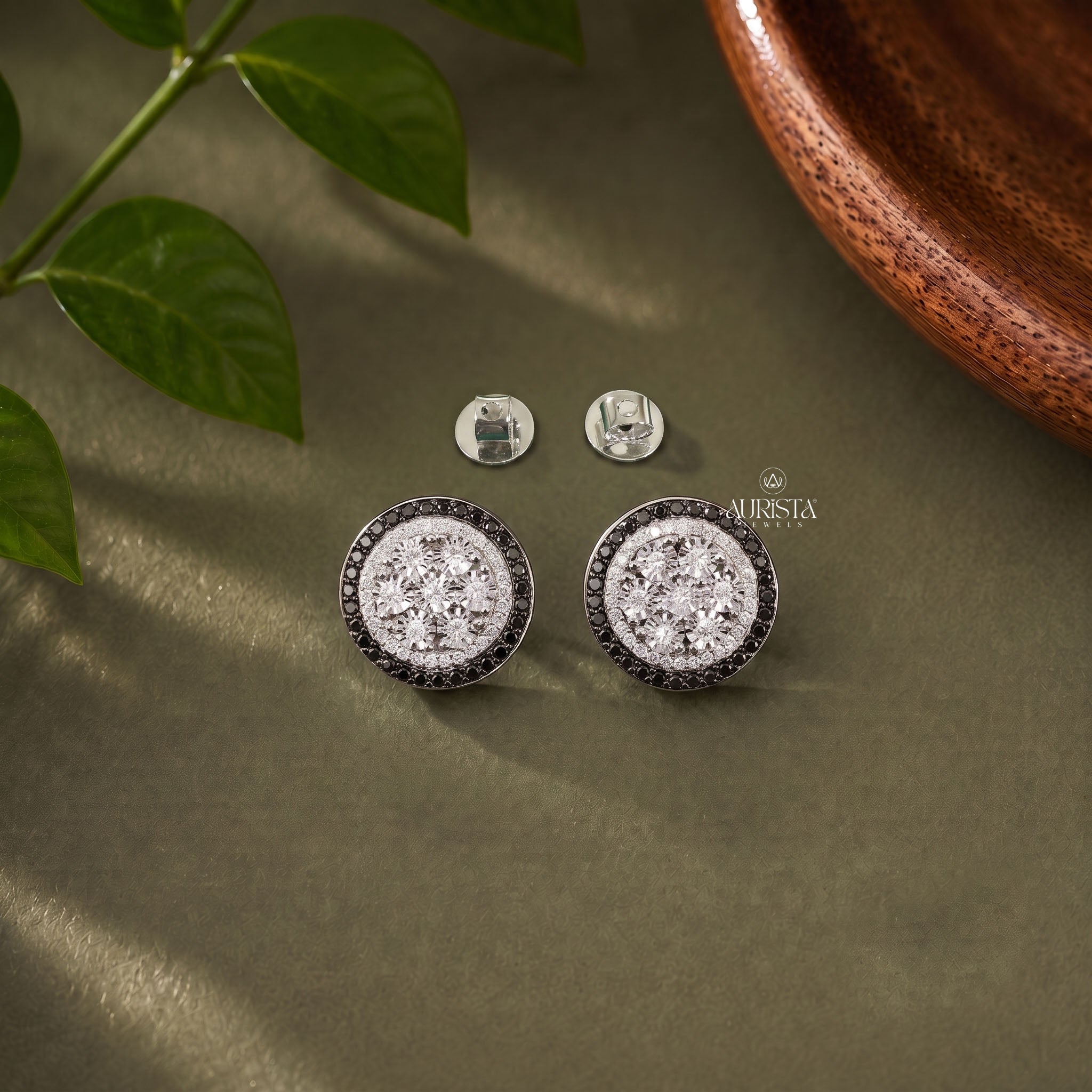 Iced Out Round Cluster Moissanite Hip Hop Stud Earrings with Black Accent Halo