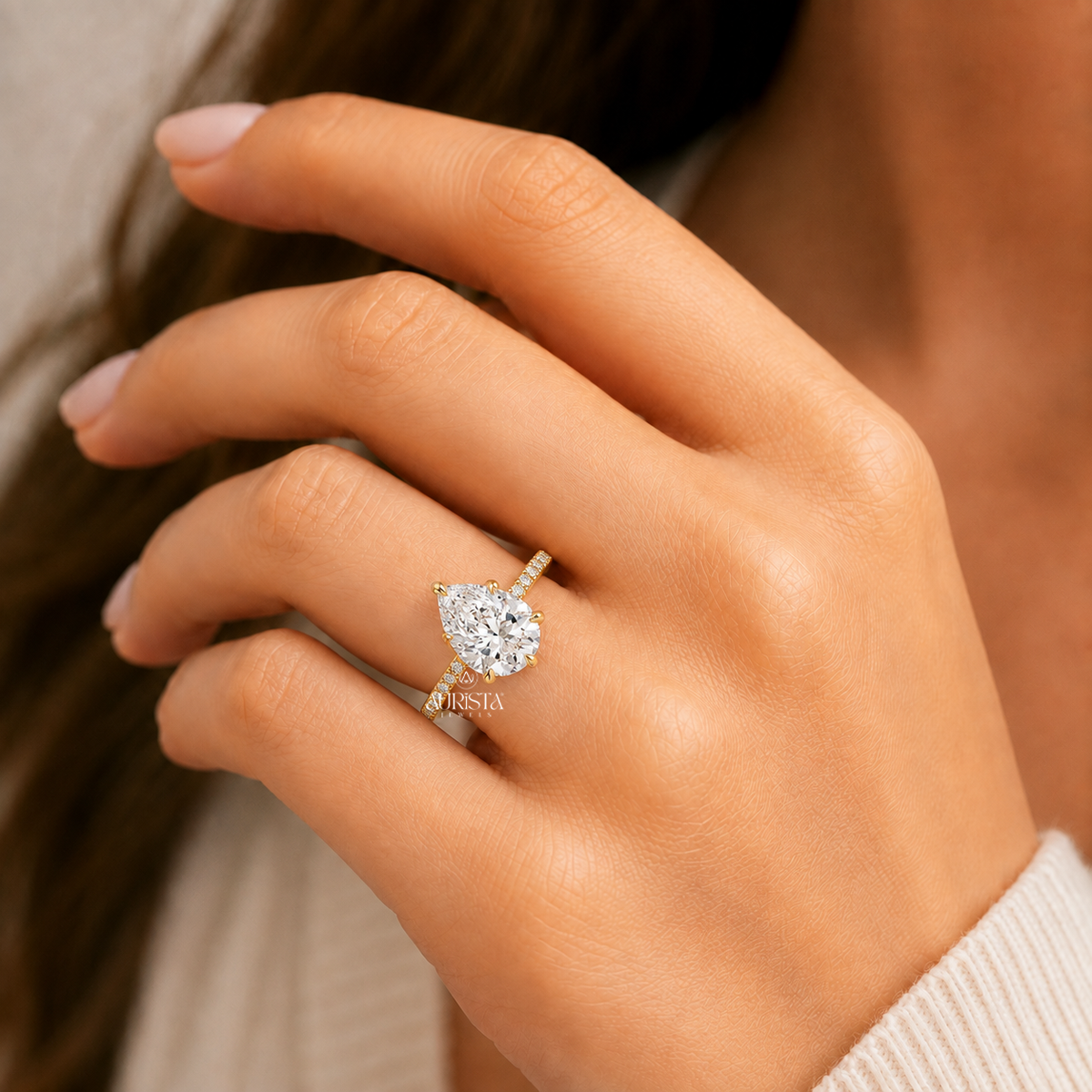 Pear Shaped Lab Grown Diamond Hidden Halo Ring, Delicate Pave Engagement Band Jewelry