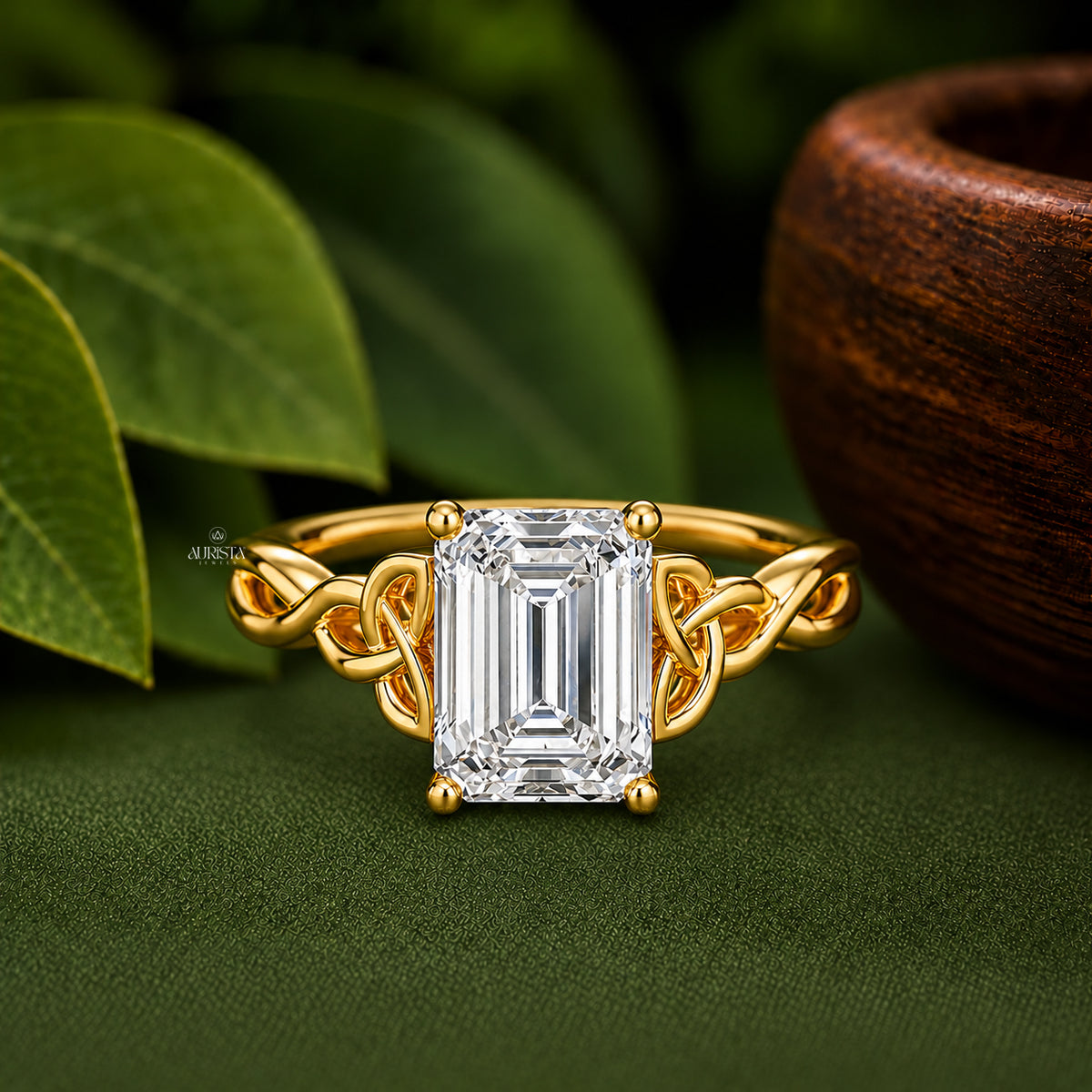 Emerald Cut Lab Grown Diamond Celtic Ring, Twisted Knot Engagement Wedding Band Ring