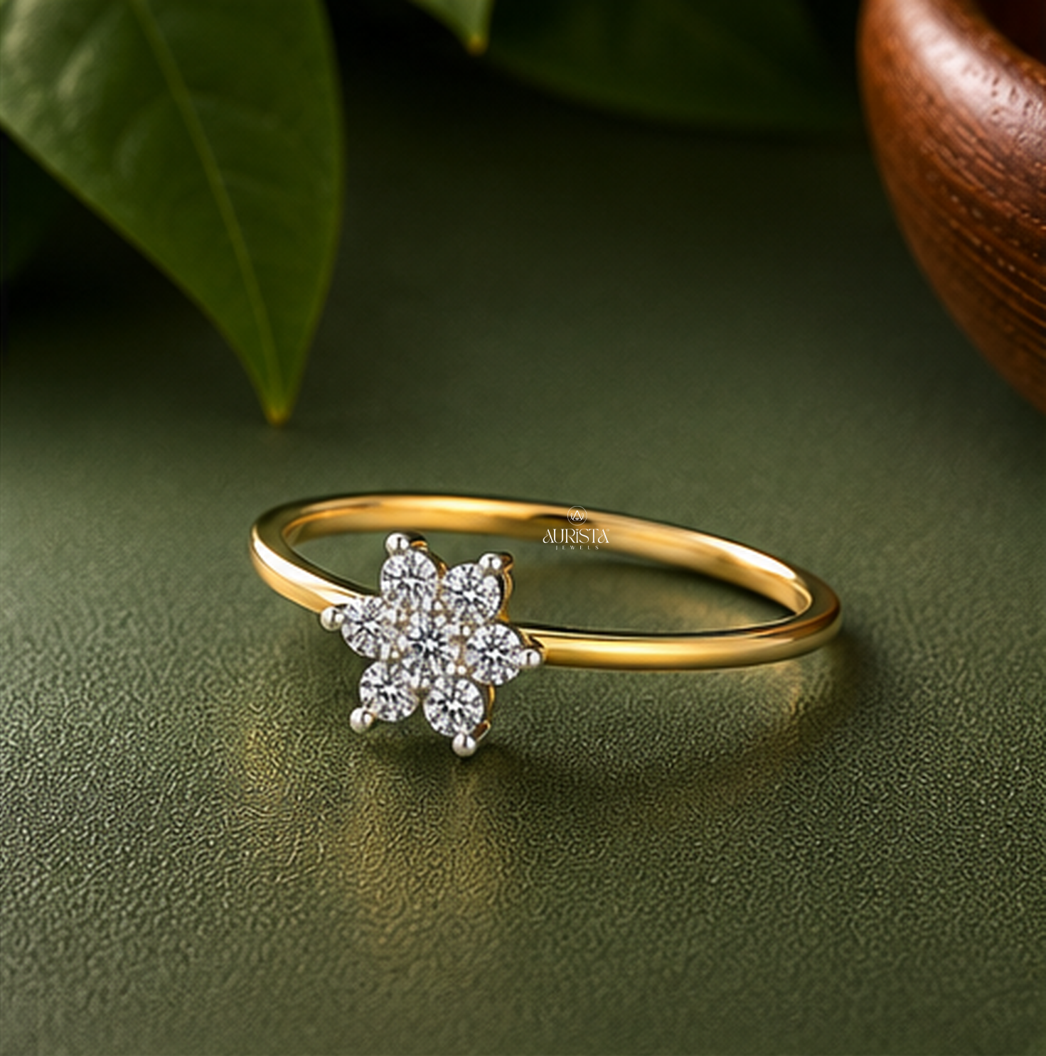 Lab Grown Diamond Gold Cluster Ring Floral Band Dainty Stacking Ring Sweet Chic