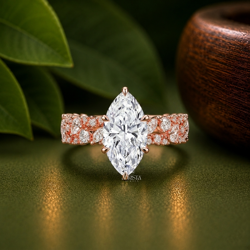 Marquise Lab Grown Diamond Ring, Ornate Floral Rose Gold Band Statement Fine Jewelry