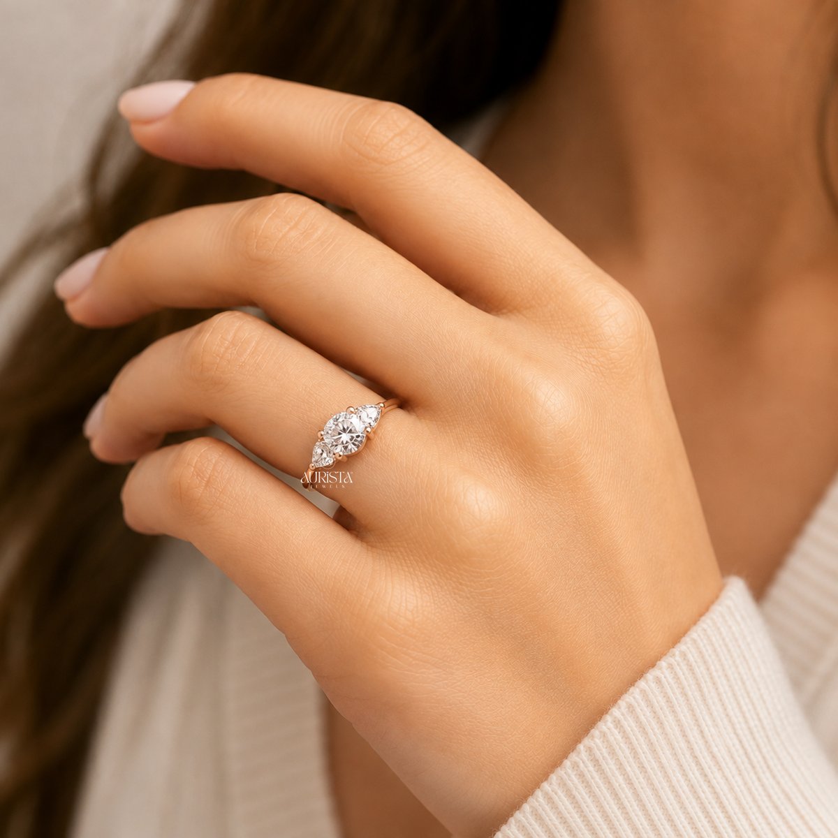Round & Triangle Lab Grown Diamond Three Stone Ring, Engagement Wedding Band Jewelry