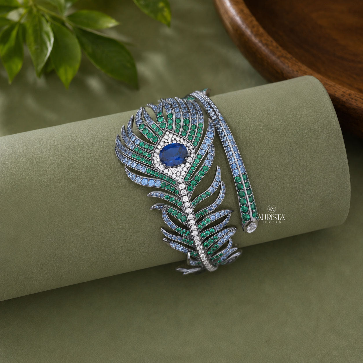Peacock Feather Moissanite Bangle - Blue Sapphire & Round Gemstone Cuff Bracelet