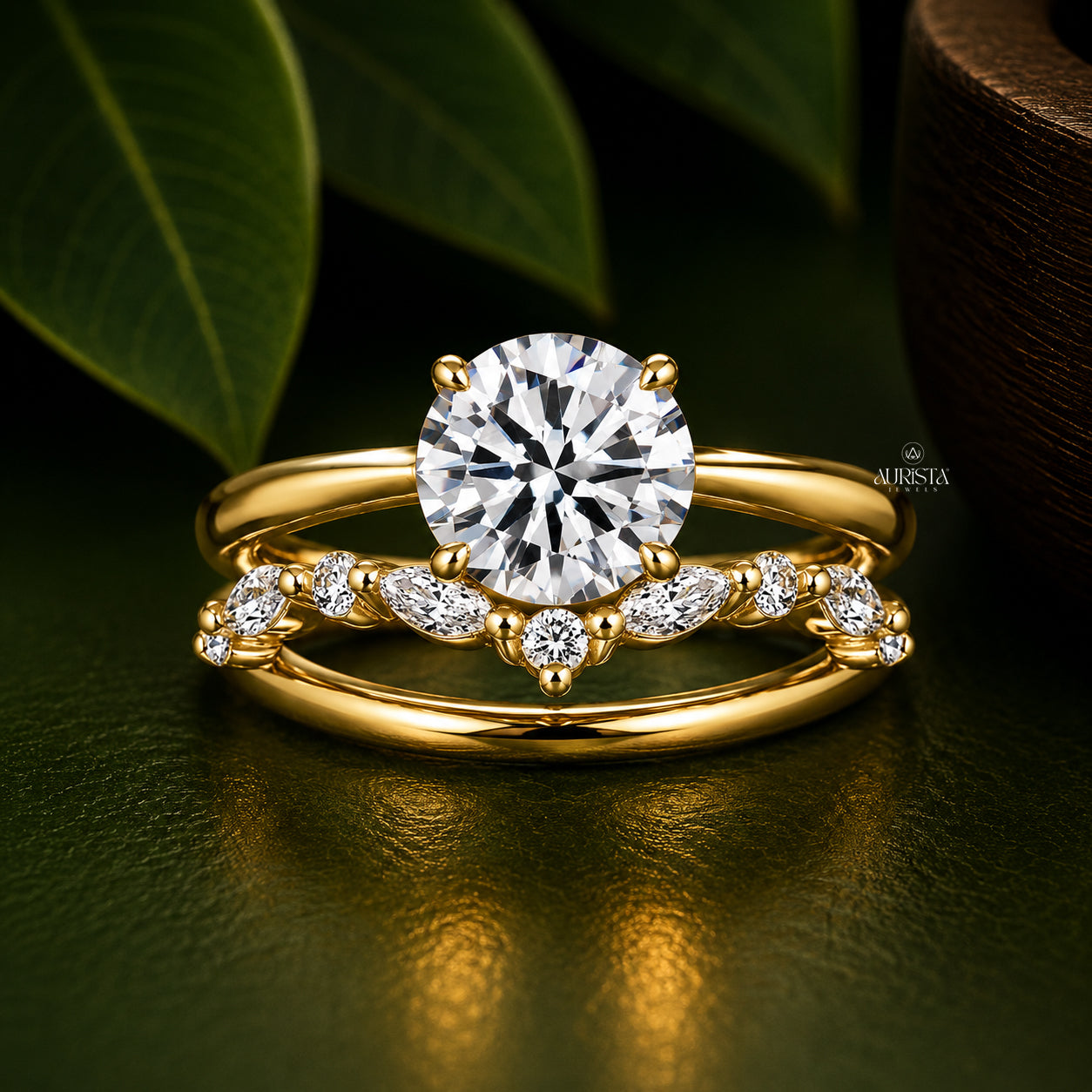 Round & Marquise Lab Grown Diamond V-Ring, Chevron Statement Wedding Band Ring Set